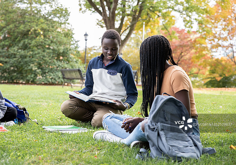 坐在草地上一起学习的中学生图片素材