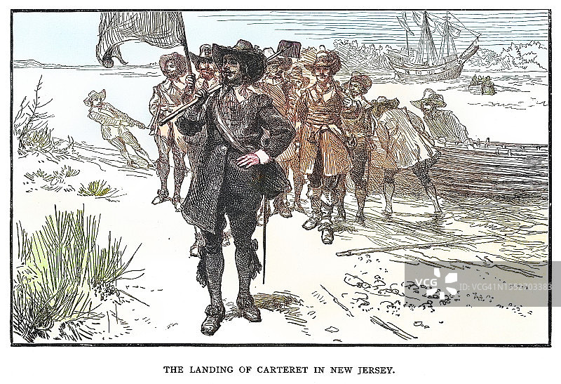 菲利普·卡特雷特于1665年建立新泽西殖民地的古老雕刻插图图片素材