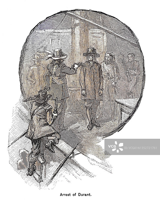 托马斯·米勒总督试图在阿尔伯马尔海湾的卡罗琳号帆船上逮捕乔治·杜兰特的古老雕刻插图（1677年12月2日）图片素材