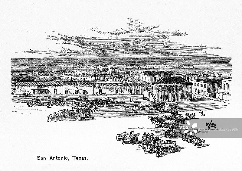德克萨斯州圣安东尼奥的古老版画插图图片素材
