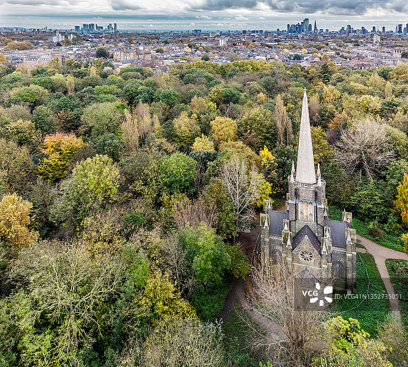 伦敦哈克尼阿布尼公园秋日树梢图片素材
