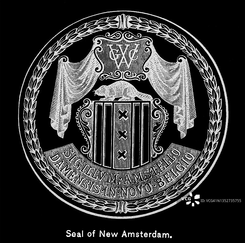现为美国纽约的新阿姆斯特丹印章古老雕刻插图 - 1654年图片素材