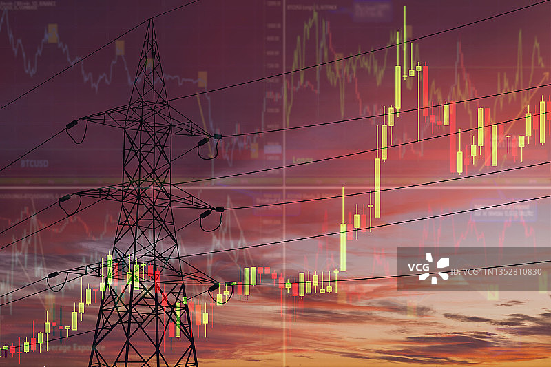股票图表背景下的高压电塔，电价变化概念图片素材