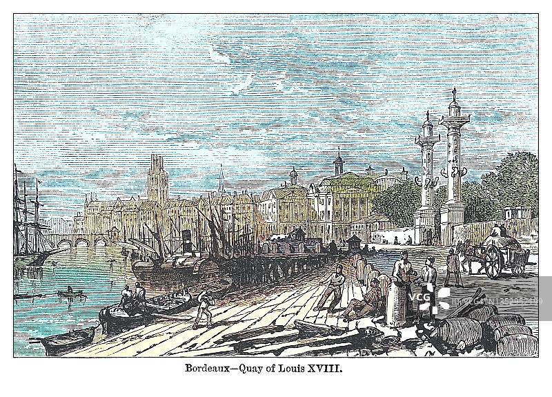 法国波尔多路易十八码头古版画图片素材