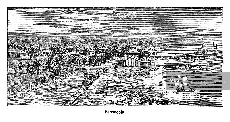 佛罗里达州彭萨科拉市老式版画插图图片素材