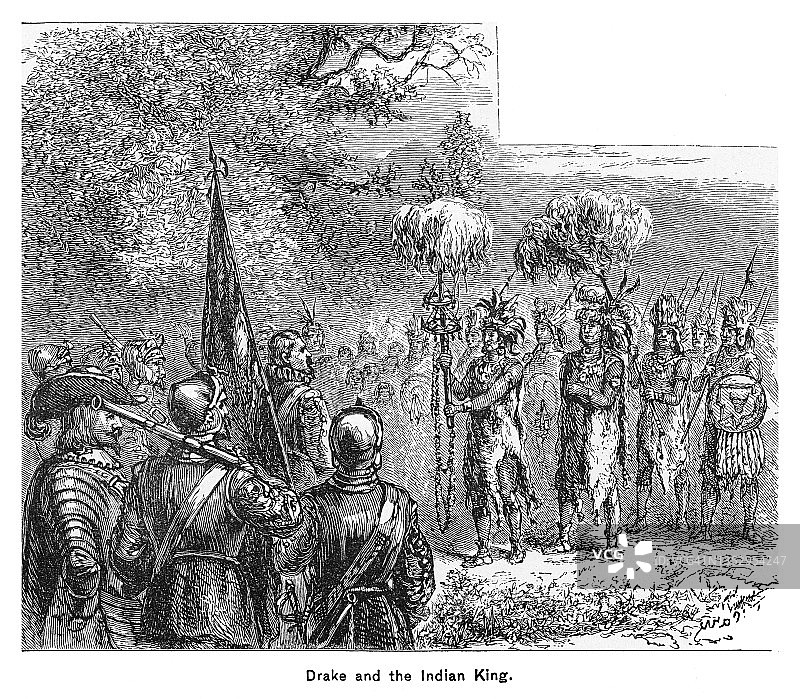 弗朗西斯·德雷克爵士和印第安国王的古老雕刻插图。德雷克在加利福尼亚州遇到一位美洲原住民国王图片素材