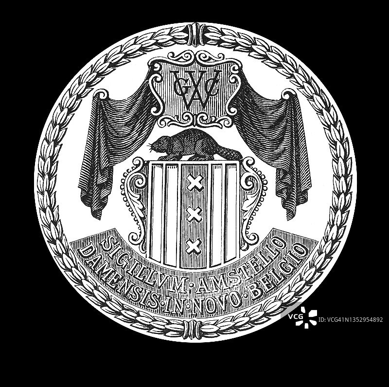 现为美国纽约的新阿姆斯特丹印章古老雕刻插图 - 1654年图片素材