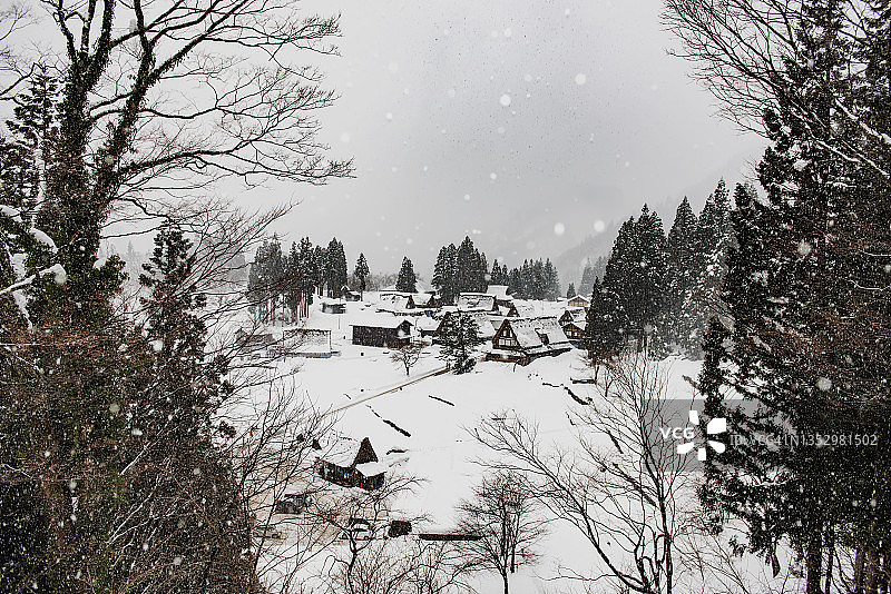 日本富山县五箇山相仓合掌村冬季的木制三角形农舍图片素材