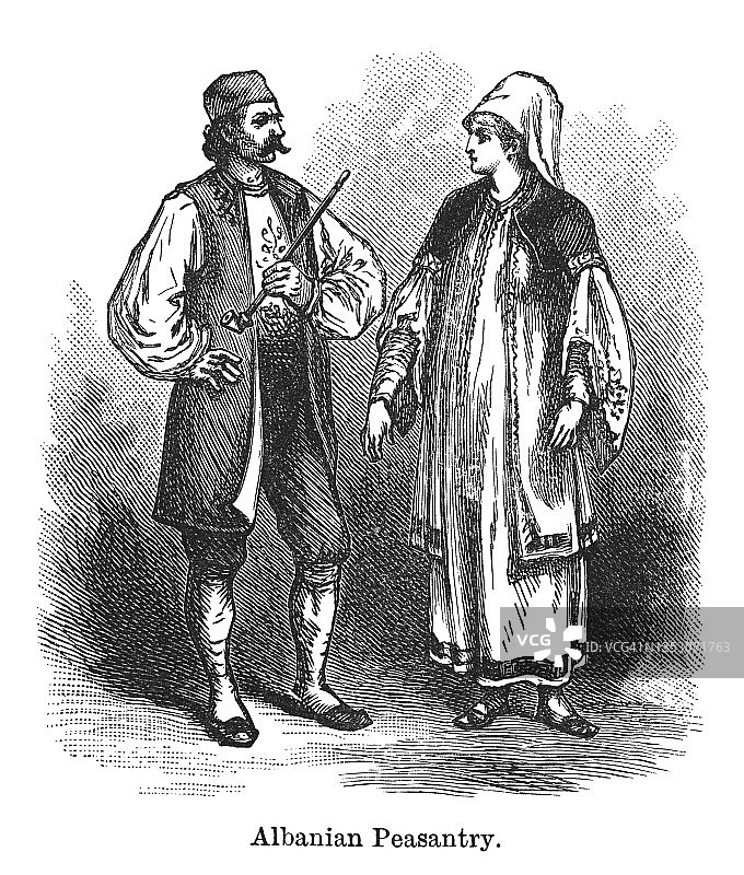 阿尔巴尼亚农民夫妇雕刻插图图片素材