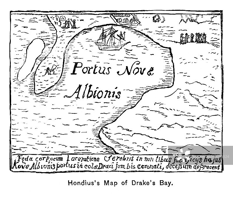 弗朗西斯·德雷克在新阿尔比恩港修理“金鹿号”的古老雕刻插图图片素材