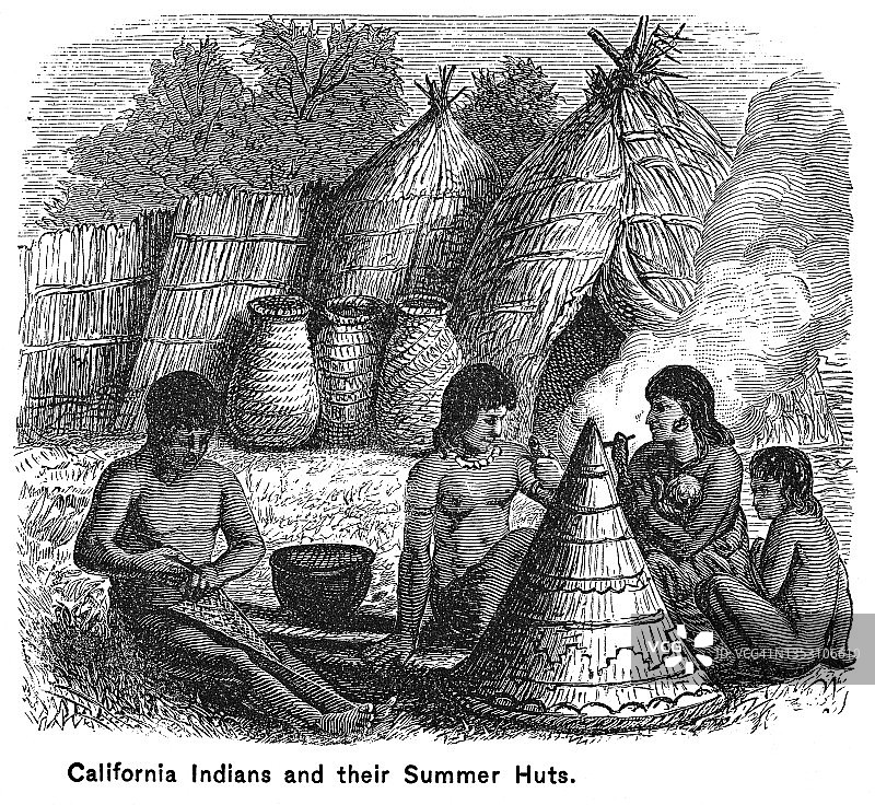 加利福尼亚印第安人和他们的夏季小屋古董雕刻插图图片素材
