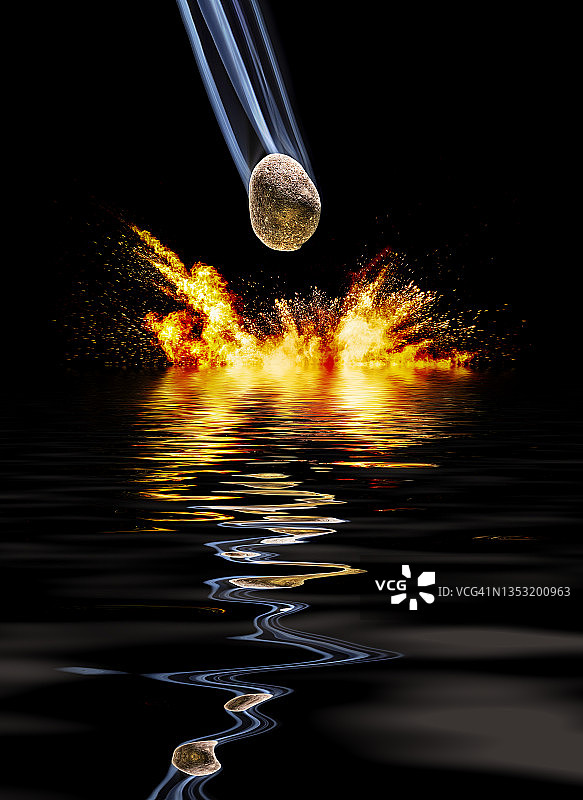 陨石撞击黑色背景下的水面并发生爆炸图片素材