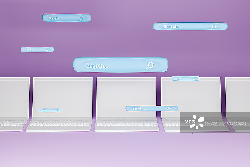 白色笔记本电脑和搜索栏图标矢量设计，紫色背景图片素材
