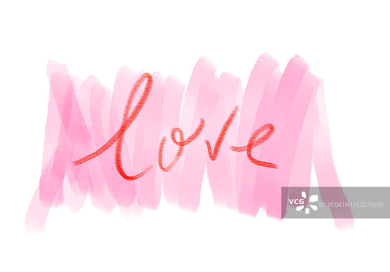粉色水彩上红色蜡笔写的文字Love图片素材