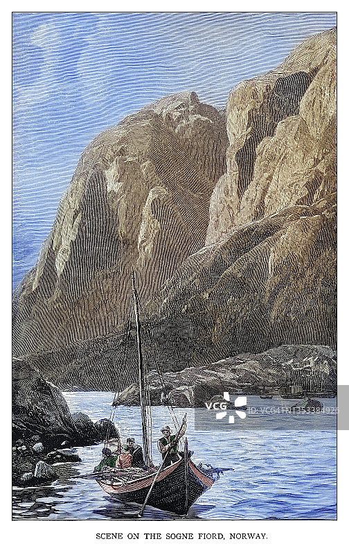 挪威松恩峡湾风光古老雕刻插图图片素材