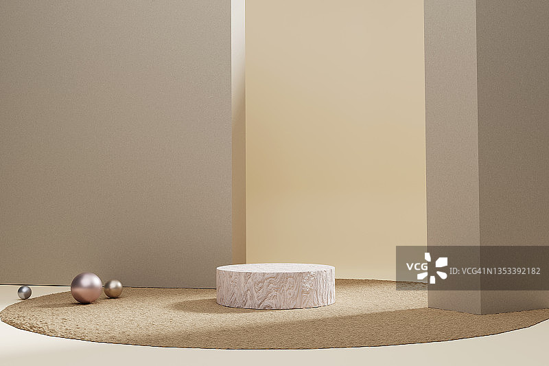 灰褐色背景上的米色讲台产品展示台3D模板，流行自然色系图片素材