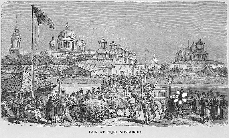 俄罗斯下诺夫哥罗德集市古老彩 lithograph 插图图片素材
