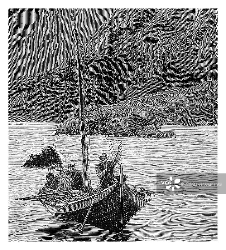 挪威松恩峡湾风光古老雕刻插图图片素材