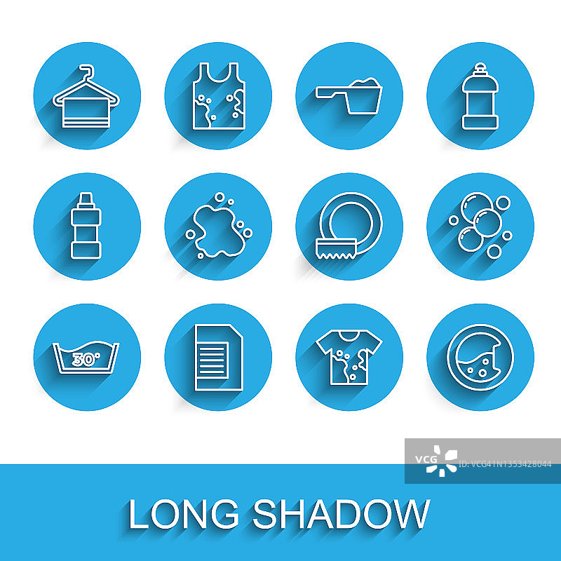 温度洗涤，洗衣液，衣架上的毛巾，脏T恤，洗衣机，溢水，肥皂水泡和洗碗图标矢量素材图片素材