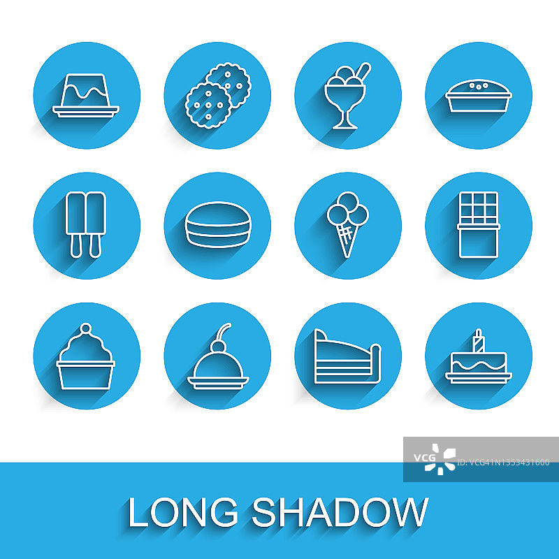 蛋糕、樱桃芝士蛋糕、布丁、带燃烧蜡烛的切块、马卡龙饼干、巧克力棒和冰淇淋蛋筒图标矢量素材图片素材