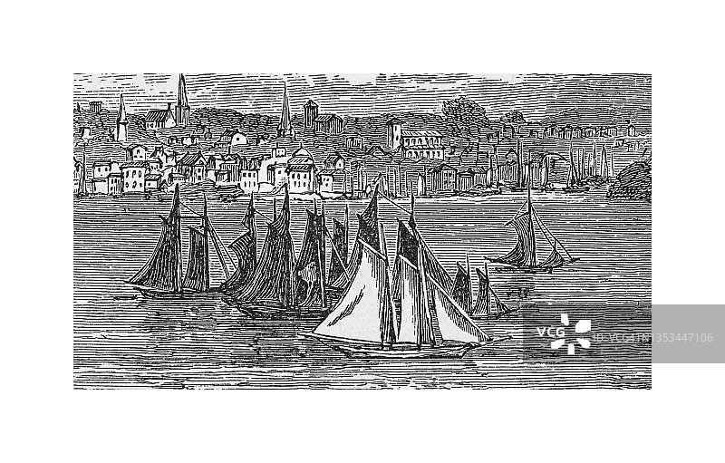 康涅狄格州新伦敦沿海城市古董雕刻插图图片素材