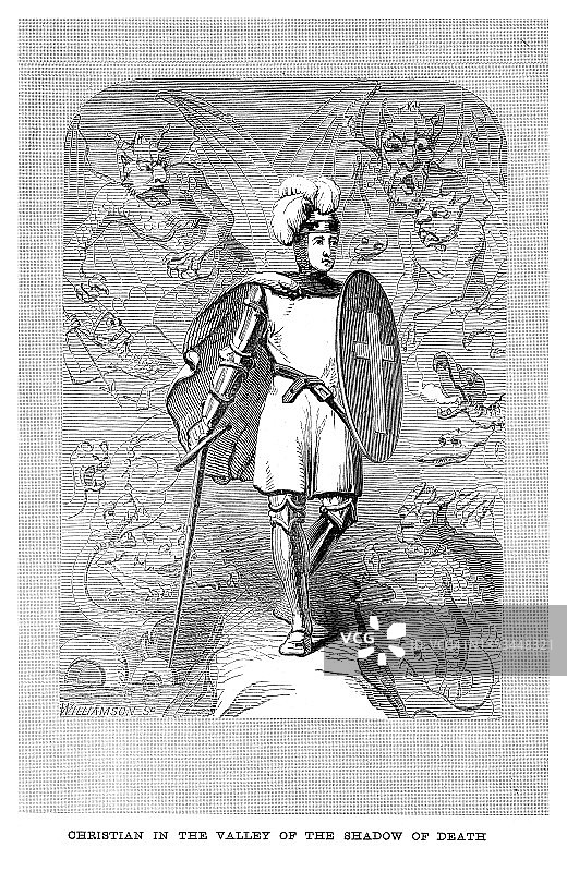 基督徒在死亡阴影谷中的古老版画图片素材