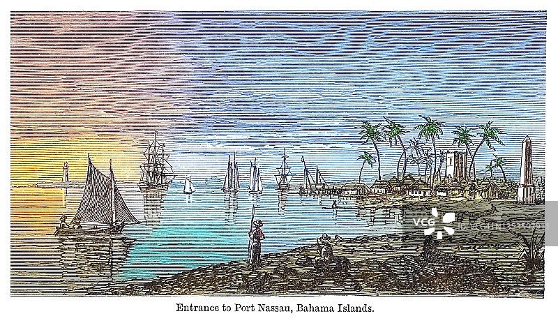 古老的雕刻插图：巴哈马群岛拿骚港入口图片素材