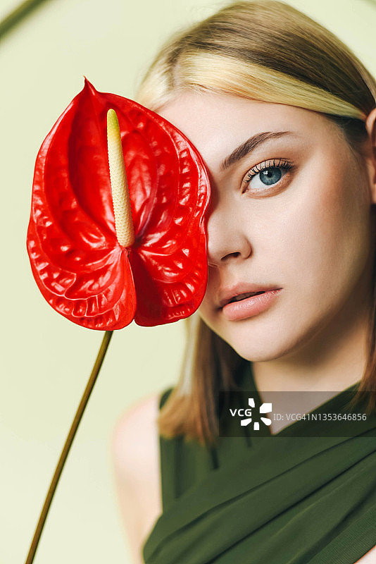 手持美丽红色红掌花的女人图片素材