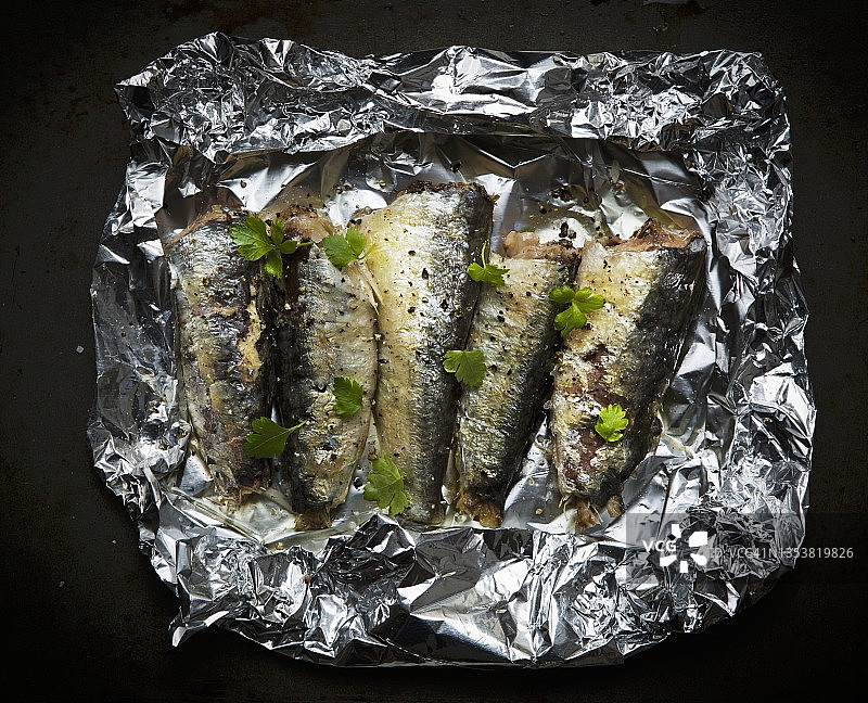 香菜铝箔烤沙丁鱼（俯视）图片素材