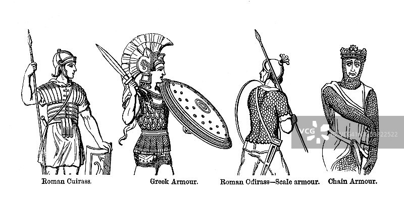历史盔甲类型的雕刻插图图片素材