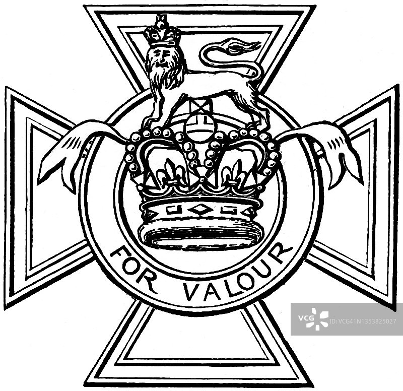 英国荣誉制度中最高荣誉维多利亚十字勋章古老雕刻插图图片素材