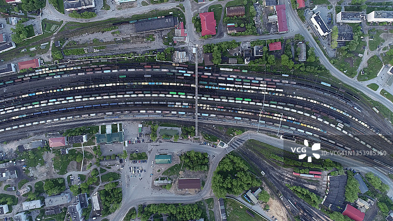 多条线路和货运列车的枢纽火车站（航拍视角）图片素材