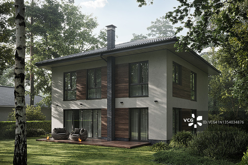 夏日树木环绕的平房3D渲染图片素材