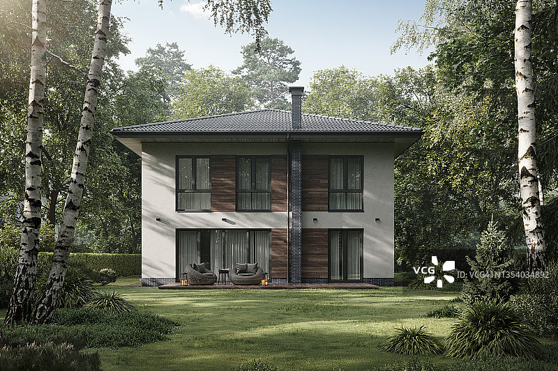 带有大型花园和草坪的房屋的计算机生成图像图片素材