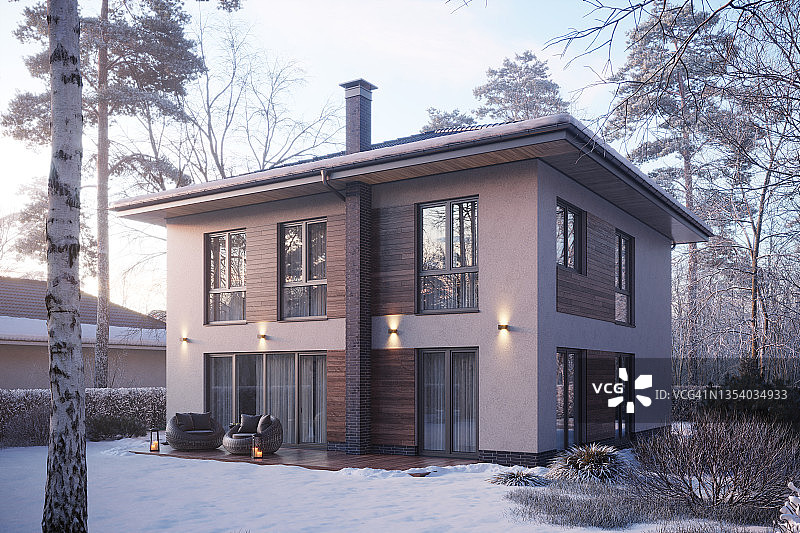 3D渲染：冬季现代住宅后院图片素材