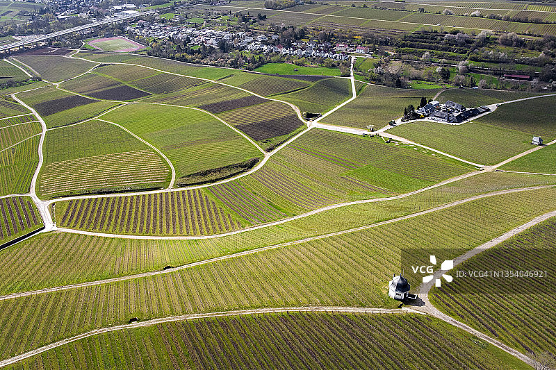 春季莱茵高地区的葡萄园航拍图片素材