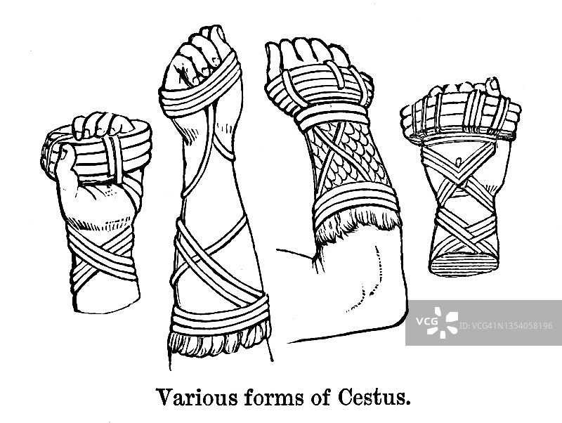 古代拳击带的各种形式的雕刻插图图片素材