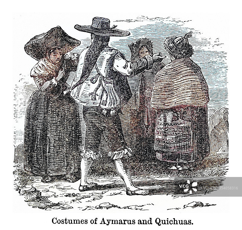 艾马拉和克丘亚服饰的古老雕刻插图图片素材