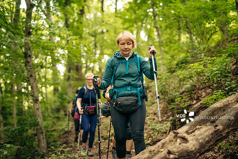 中年妇女使用登山杖在森林小路上行走图片素材