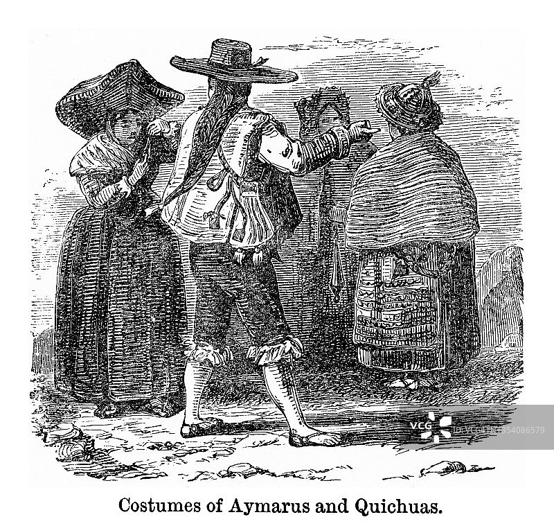 艾马拉和克丘亚服饰的古老雕刻插图图片素材