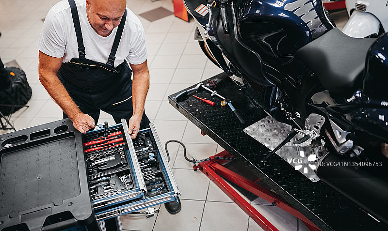 修理工在商店里修理摩托车图片素材