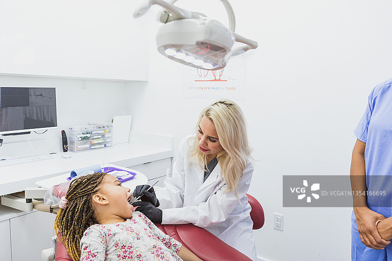 女孩张大嘴巴接受女牙医的检查图片素材