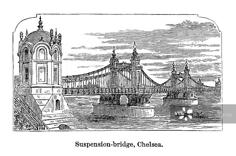 伦敦切尔西悬索桥古版画插图图片素材