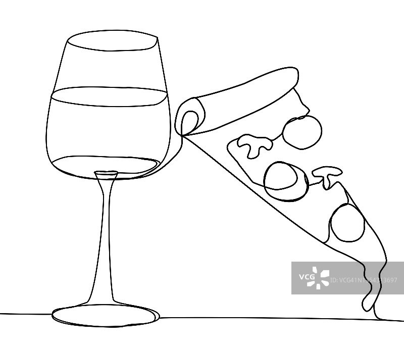 酒杯和披萨的单线绘画图片素材