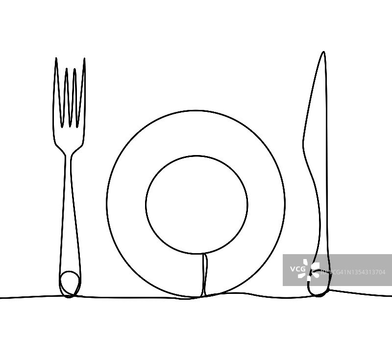 空盘子和餐具的单线绘画或插图图片素材