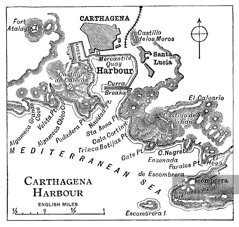 西班牙卡塔赫纳港的古老雕刻地图图片素材