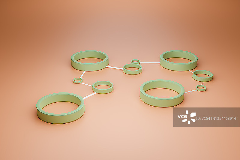 粉色背景上的绿色互联圆圈，全球通信概念3D模型图片素材