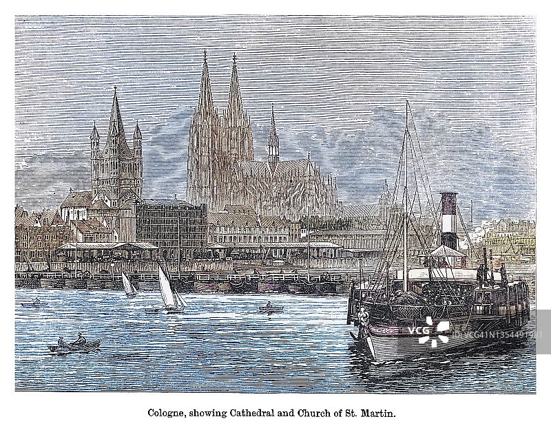 科隆大教堂和圣马丁教堂古老雕刻插图图片素材