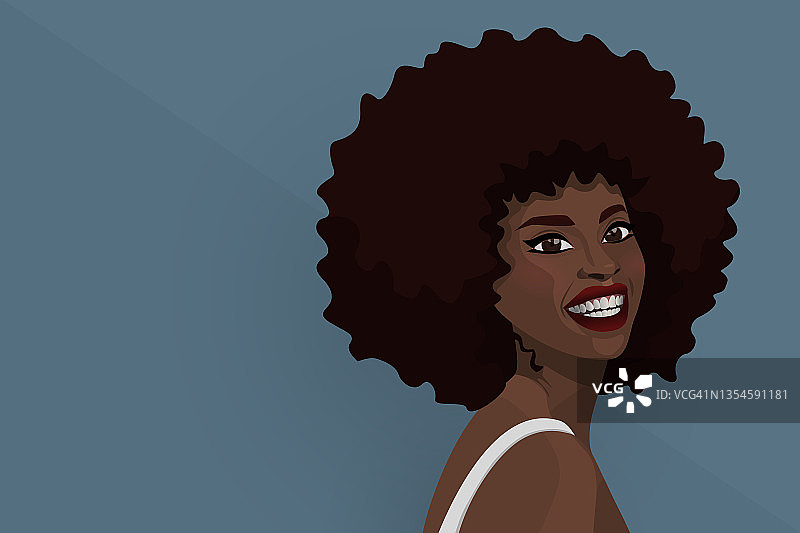 深色皮肤美女插画概念：一位拥有深色皮肤和非洲发型的美丽女人在蓝色背景上微笑图片素材