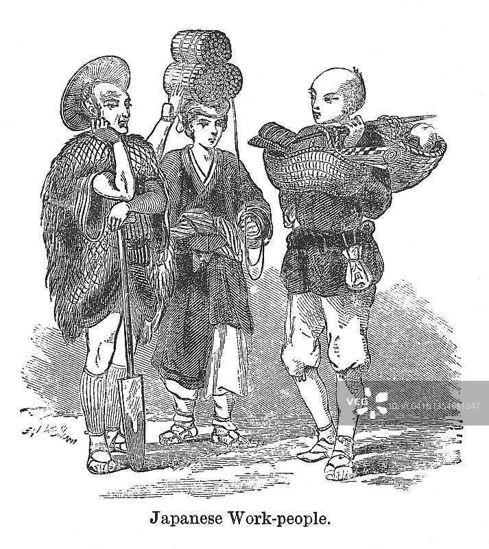 日本工人复古雕刻插图图片素材